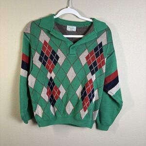 Benetton Vintage Women's Argyle Sweater Preppy Tennis Prep Old Money 100% Cotton